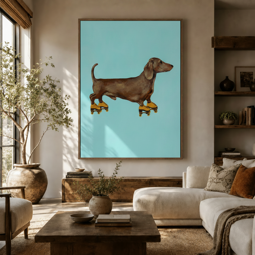 Large retro dachshund pop art canvas on living room wall above cream sofa with olive tree and rustic wood shelving