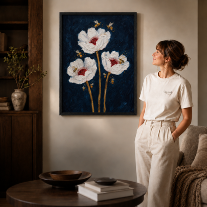Three-flower artwork presented as floral wall decor.