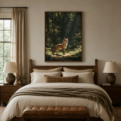 Framed red fox forest canvas art above wooden bed in earthy farmhouse bedroom with linen bedding and ceramic table lamps