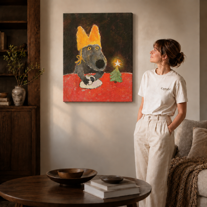 Gallery-wrapped Christmas dog canvas with a golden crown and tiny tree, displayed.