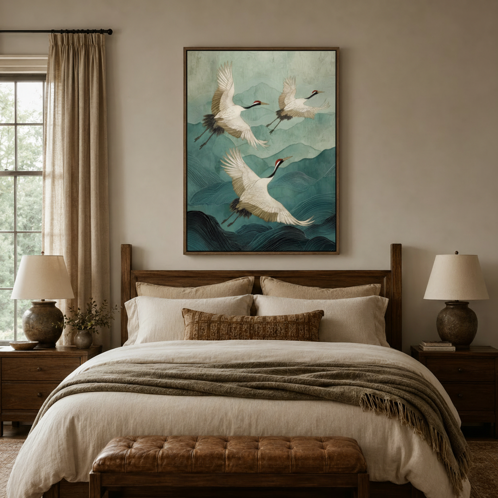 Japanese crane bird canvas art above wooden bed in earthy farmhouse bedroom with linen bedding and ceramic table lamps