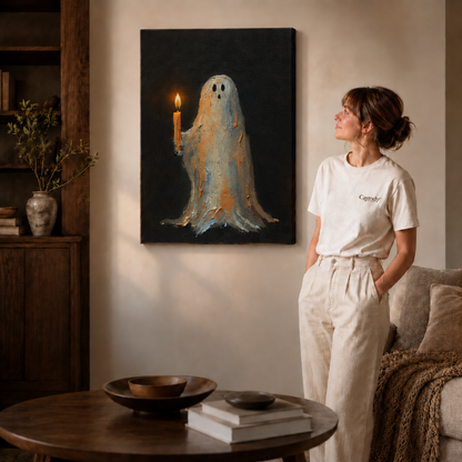 Walnut framed vintage ghost canvas styled in an elegant sunlit interior.
