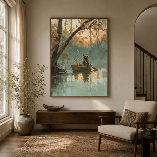 Raccoon fox autumn boat woodland canvas wall art in walnut frame above console table in warm neutral entryway