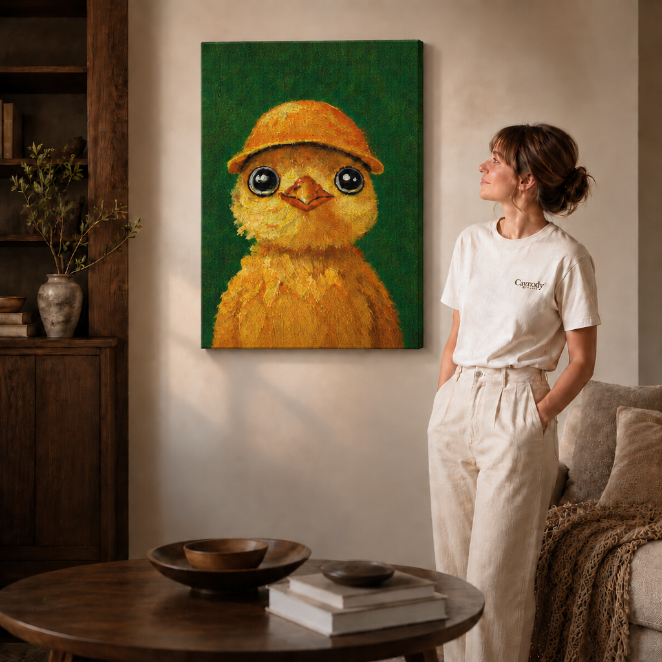 Whimsical chick canvas wall art displayed beside a woman in a dark outfit.