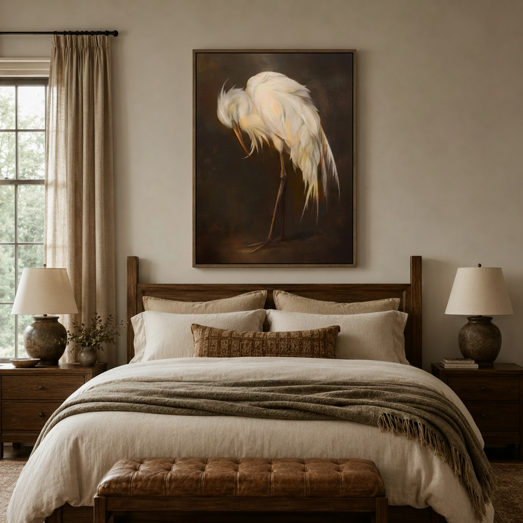 Dark Old Masters egret painting above wood-frame bed in cozy earth-tone master bedroom