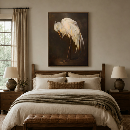 Dark Old Masters egret painting above wood-frame bed in cozy earth-tone master bedroom