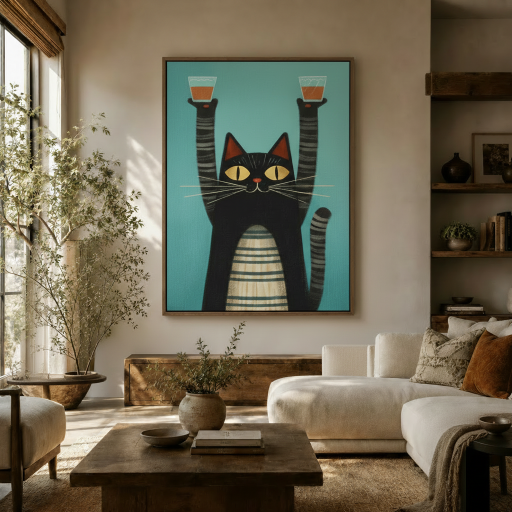 Bold mid-century cat illustration hung large over white sofa in sunlit organic modern living room