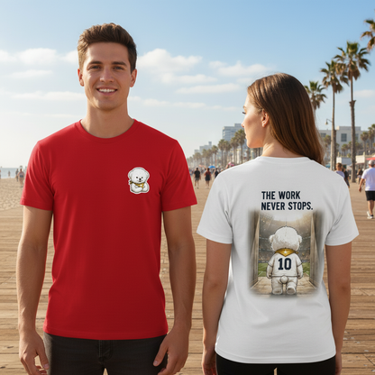The Work Never Stops Fluffy Dog Soccer Graphic Tee