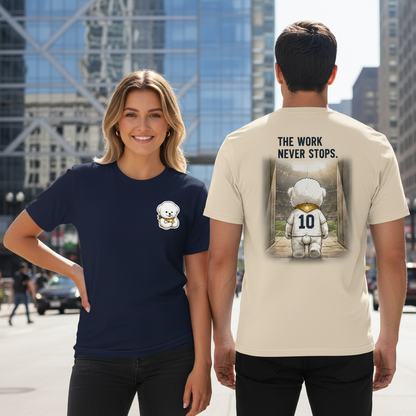 The Work Never Stops Fluffy Dog Soccer Graphic Tee