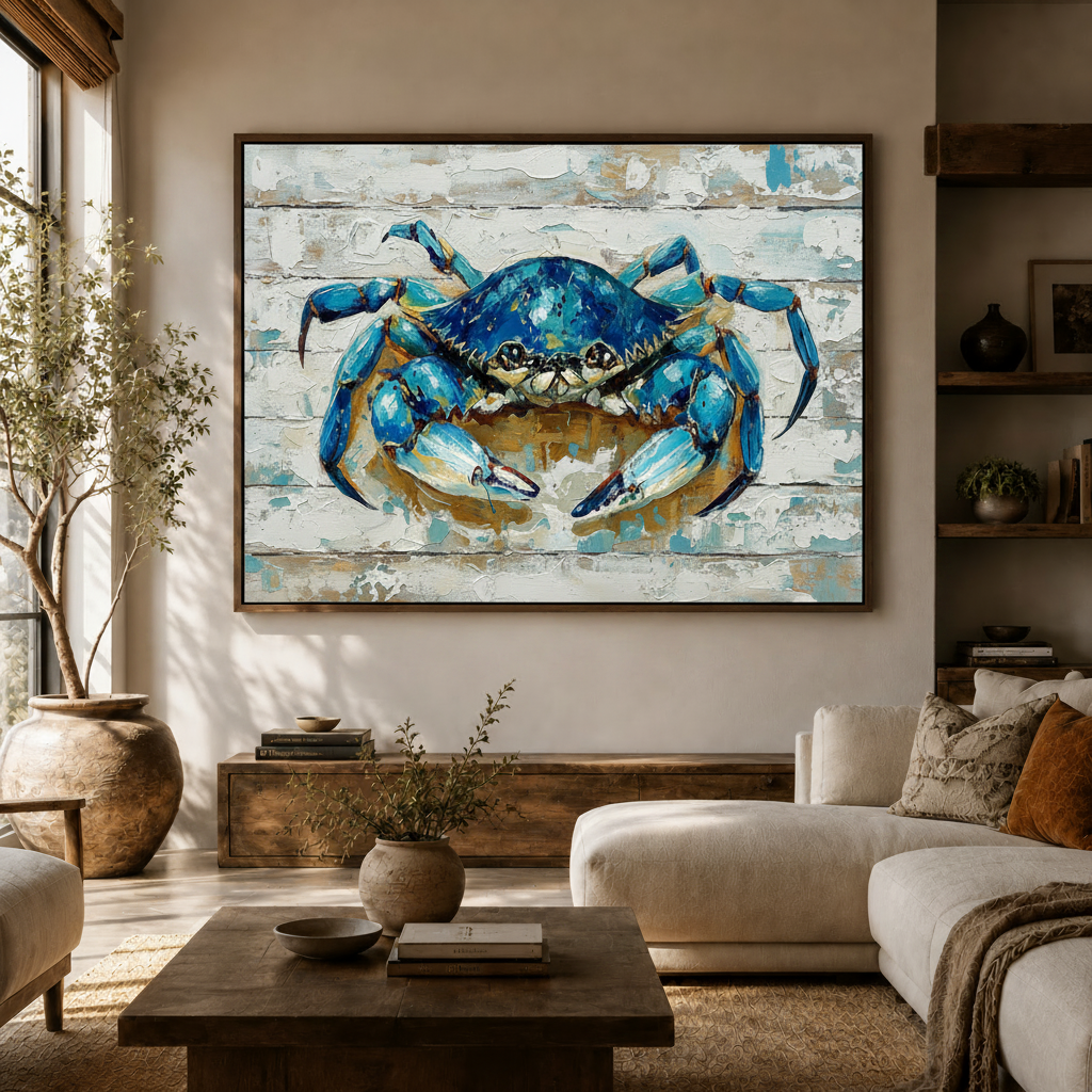 Blue crab coastal canvas wall art displayed above console in bright modern living room
