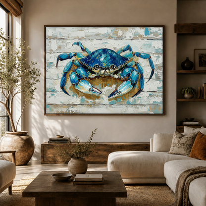 Blue crab coastal canvas wall art displayed above console in bright modern living room