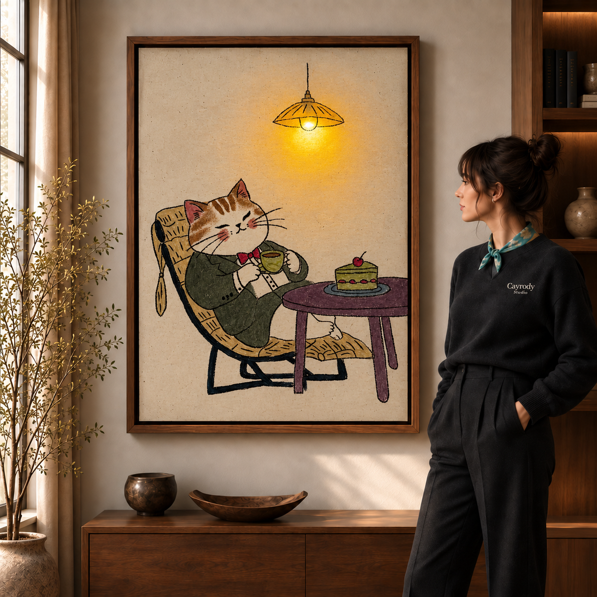 Whimsical cat canvas wall art in a walnut frame beside a woman and sunlit window.