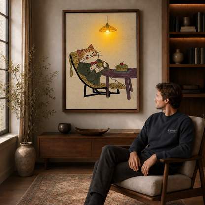 Whimsical cat canvas wall art above a wooden cabinet beside a seated man in a cozy room.