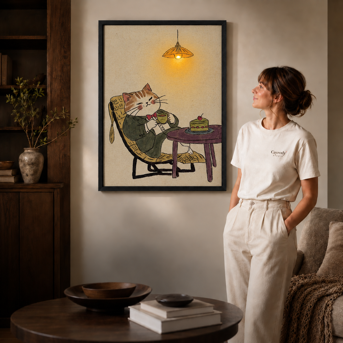 Black-framed whimsical cat canvas wall art above a coffee table beside a woman dressed in white.