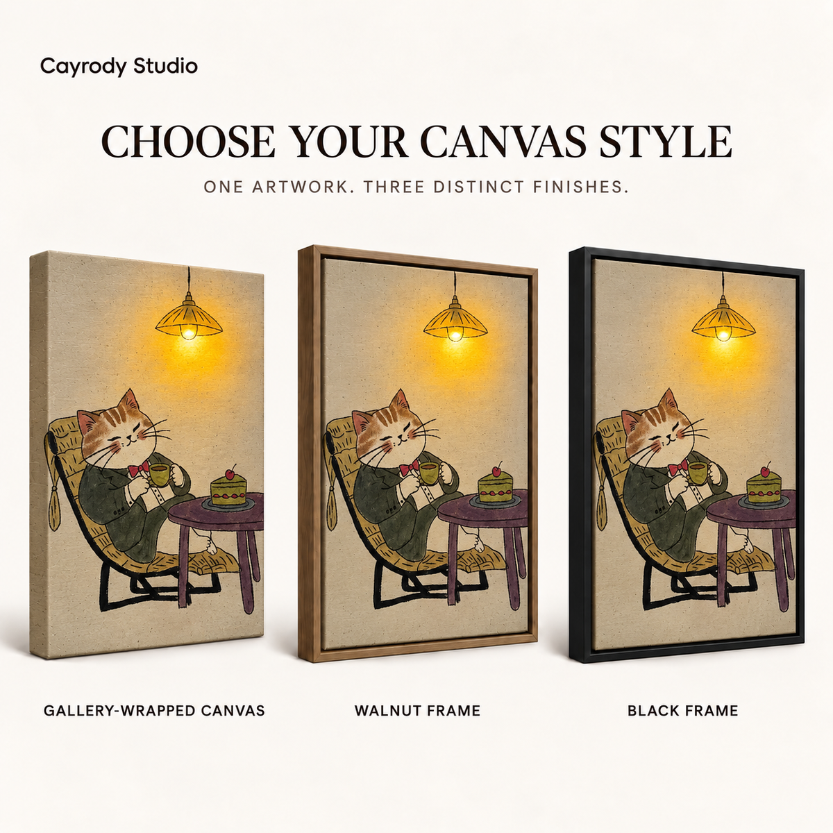 Whimsical cat canvas wall art comparing gallery-wrapped, walnut-framed, and black-framed finishes with the same teatime illustration.