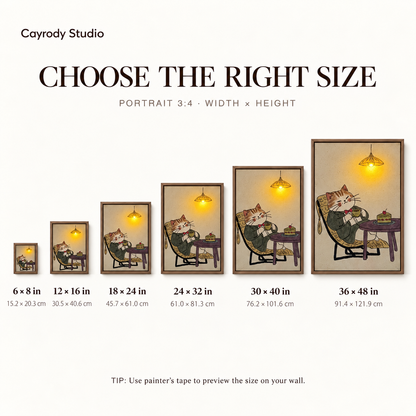 Whimsical cat canvas wall art size guide showing six portrait sizes from six-by-eight to thirty-six-by-forty-eight inches.