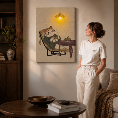 Frameless whimsical cat canvas wall art on wrapped canvas, featuring a green suit, woven chair, and purple table.