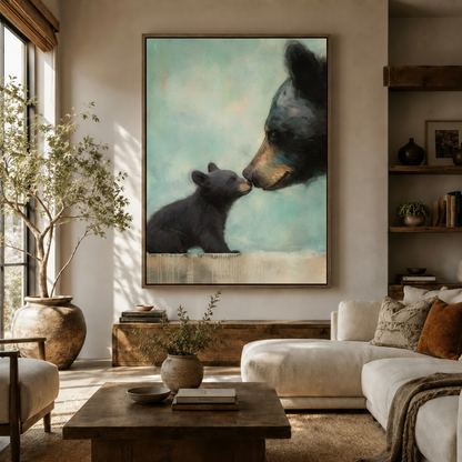 Large black bear wildlife canvas print on living room wall above white sofa with rustic wood shelves and olive tree