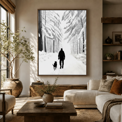 Large winter forest walk canvas print displayed on living room wall above cream sofa and rustic shelves
