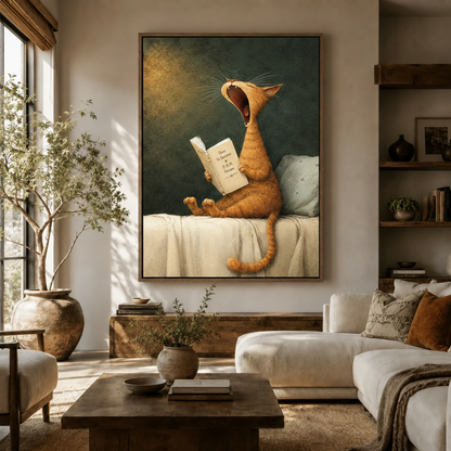Large whimsical cat canvas wall art in warm-toned living room above coffee table with white sofa