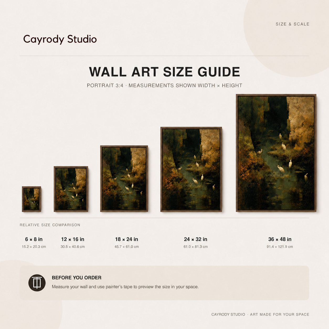 Cayrody Studio wall art size guide showing egret canvas print in five sizes from small to extra large
