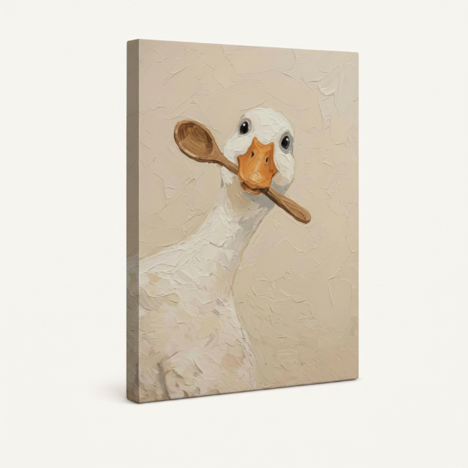 Gallery-wrapped goose with wooden spoon canvas art shown at angle revealing side wrap depth and impasto texture