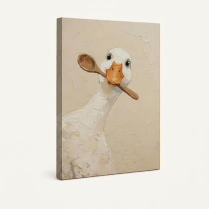 Gallery-wrapped goose with wooden spoon canvas art shown at angle revealing side wrap depth and impasto texture