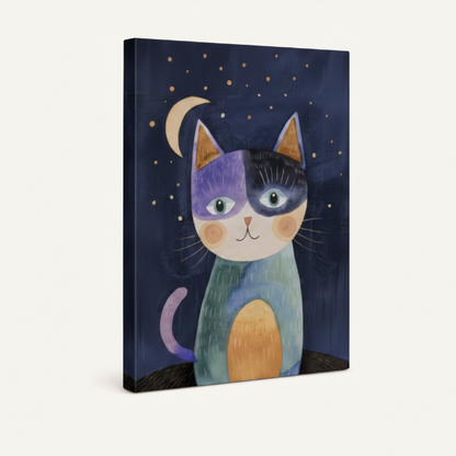 Colorful cat night sky canvas gallery wrap shown at angle on warm ivory background