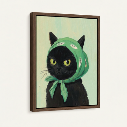 Grumpy black cat wall art in dark walnut float frame, angled product view on warm background