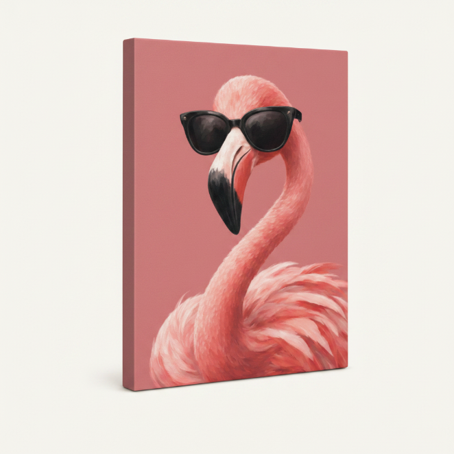 Gallery-wrapped pink flamingo sunglasses canvas art shown at angle revealing side wrap depth and bold illustration style