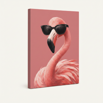 Gallery-wrapped pink flamingo sunglasses canvas art shown at angle revealing side wrap depth and bold illustration style