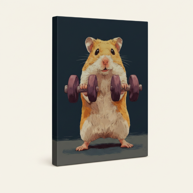 Hamster workout illustration gallery wrapped canvas shown at angle on warm ivory background