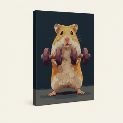 Hamster workout illustration gallery wrapped canvas shown at angle on warm ivory background