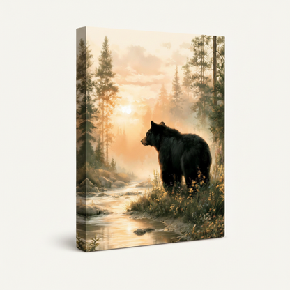 Gallery-wrapped black bear forest canvas print showing thick side edges on off-white background