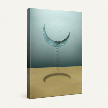 Gallery-wrapped surrealist moon ladder canvas shown at angle on off-white background