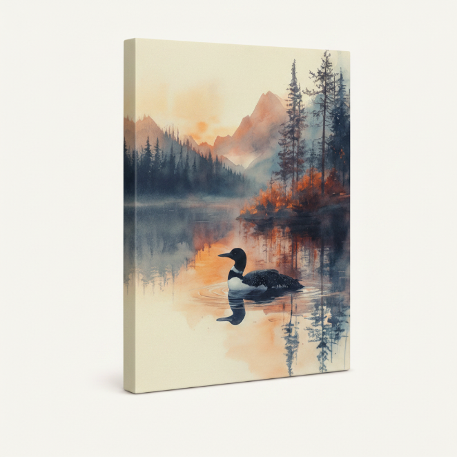 Gallery-wrapped loon watercolor canvas shown at angle with visible thick wrap-around edges