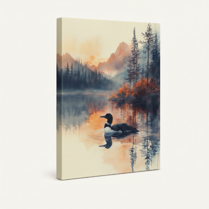 Gallery-wrapped loon watercolor canvas shown at angle with visible thick wrap-around edges