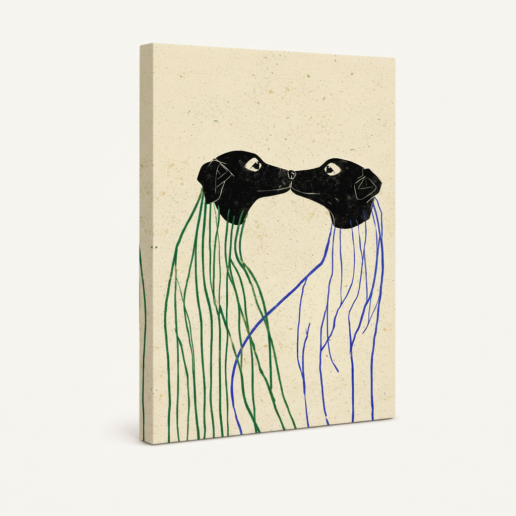 Gallery-wrapped canvas side view showing two black dogs with intertwined green and blue flowing lines