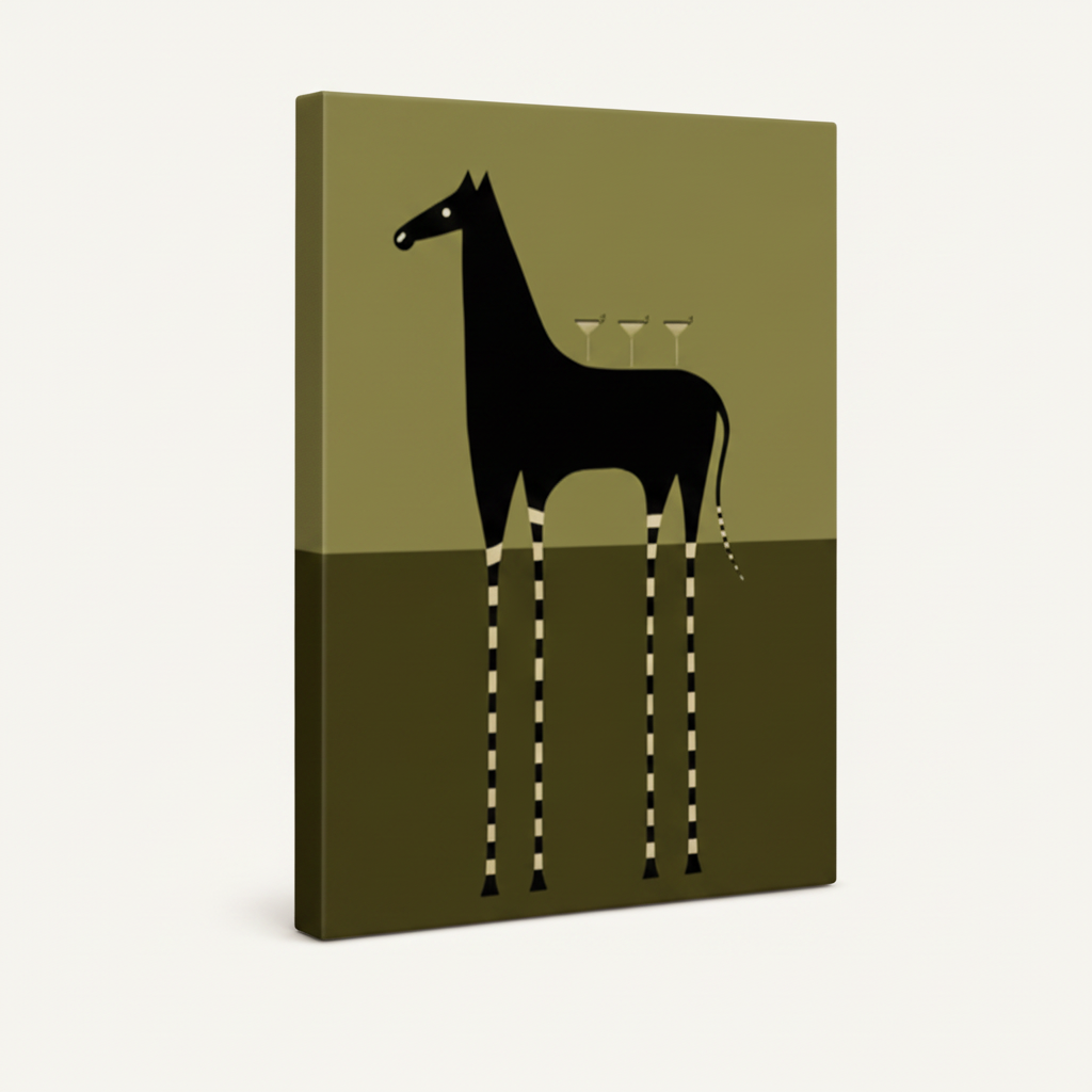 Gallery-wrapped canvas side view of minimalist horse art print with deep olive green two-tone background