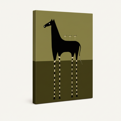 Gallery-wrapped canvas side view of minimalist horse art print with deep olive green two-tone background