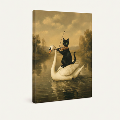 Gallery-wrapped canvas print of black cat playing violin on swan, angled product view