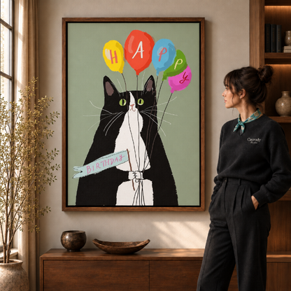 Walnut-framed birthday cat canvas with colorful HAPPY balloons and a birthday banner.