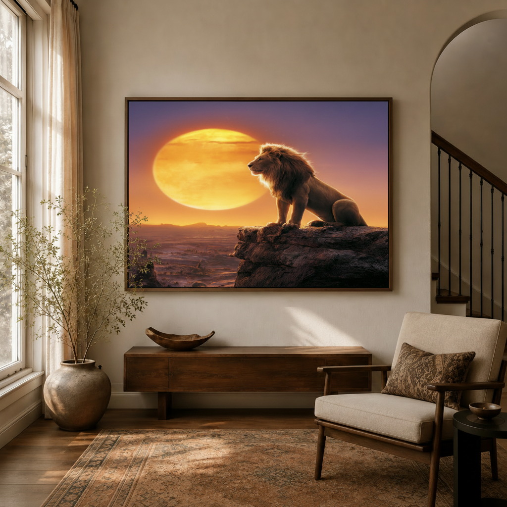 Framed lion sunset canvas wall art displayed above a wood console table in a warm entryway