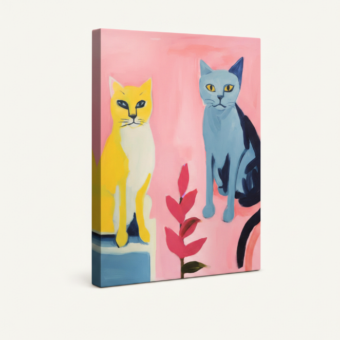 Gallery-wrapped pop art two cats canvas print shown at angle with visible thick wrap-around edges
