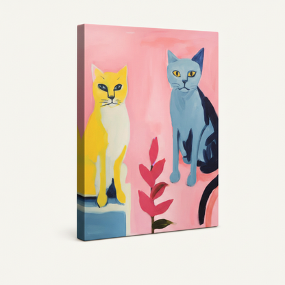 Gallery-wrapped pop art two cats canvas print shown at angle with visible thick wrap-around edges
