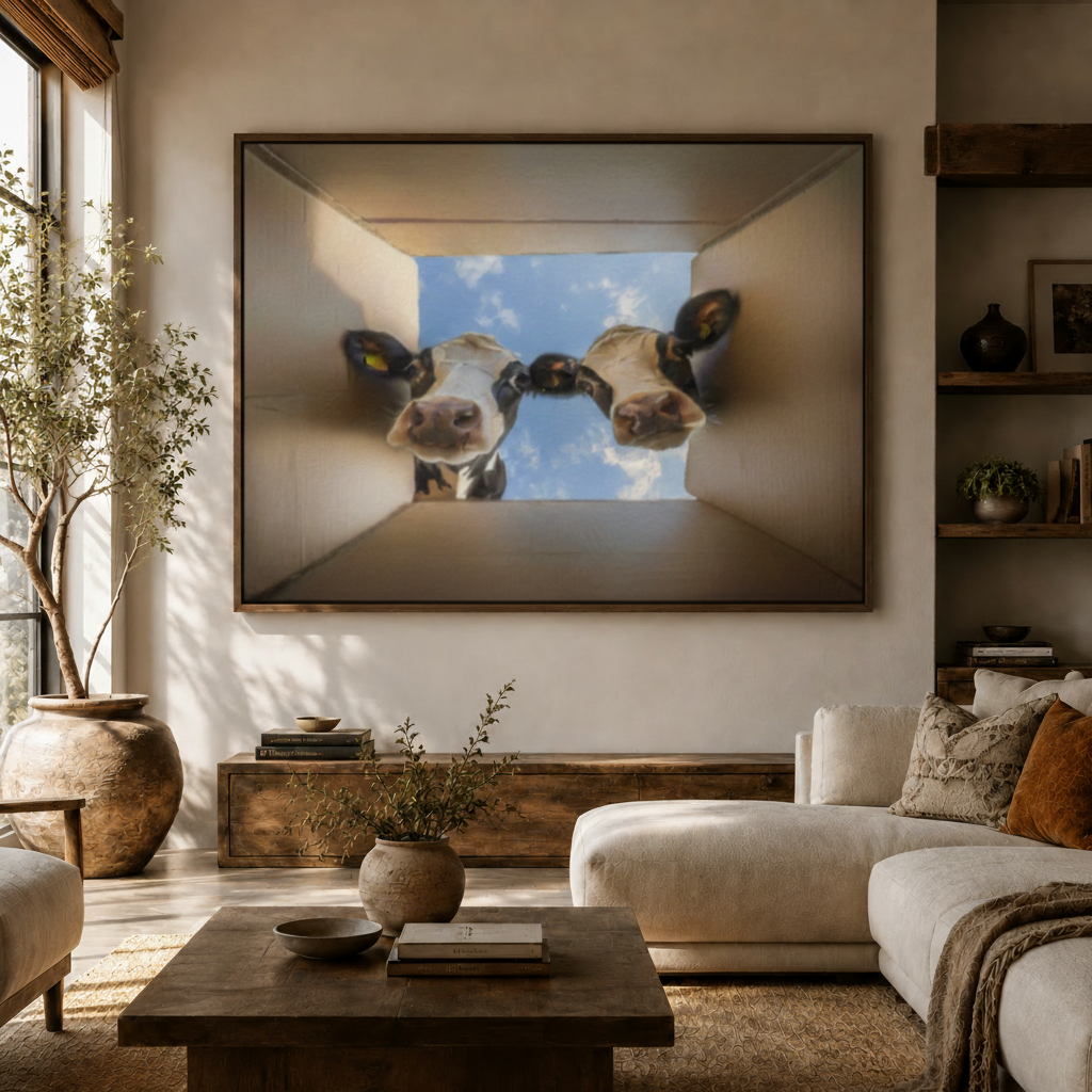 Large humorous cow canvas print hanging above sofa in bright boho living room