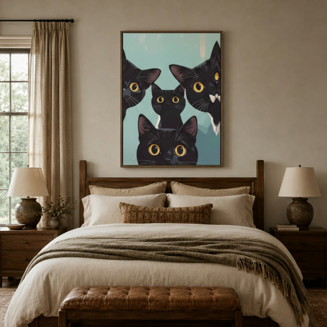 Funny black cat wall art canvas hanging above dark walnut bed in cozy neutral bedroom