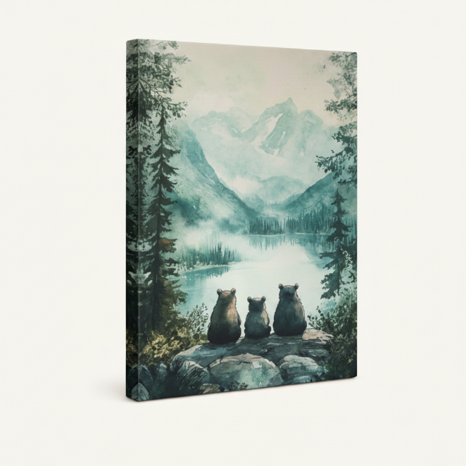 Three bears nature watercolor gallery wrapped canvas shown at angle on warm ivory background