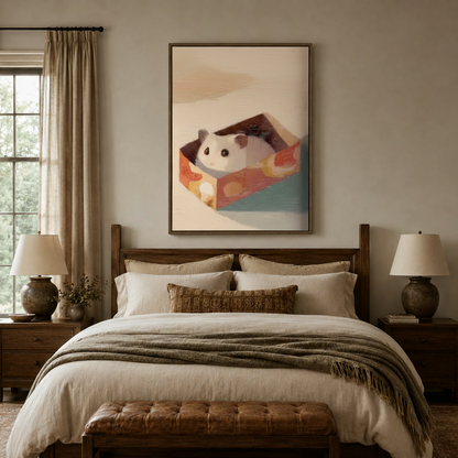 Hamster whimsical canvas wall art above a wood-framed bed in a cozy farmhouse bedroom