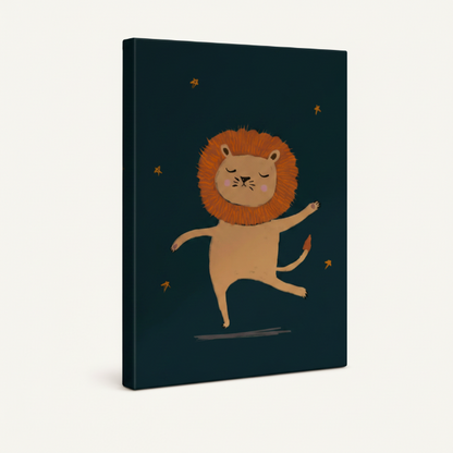 Gallery-wrapped canvas side profile of whimsical lion kids wall art with thick wrap edge on cream background